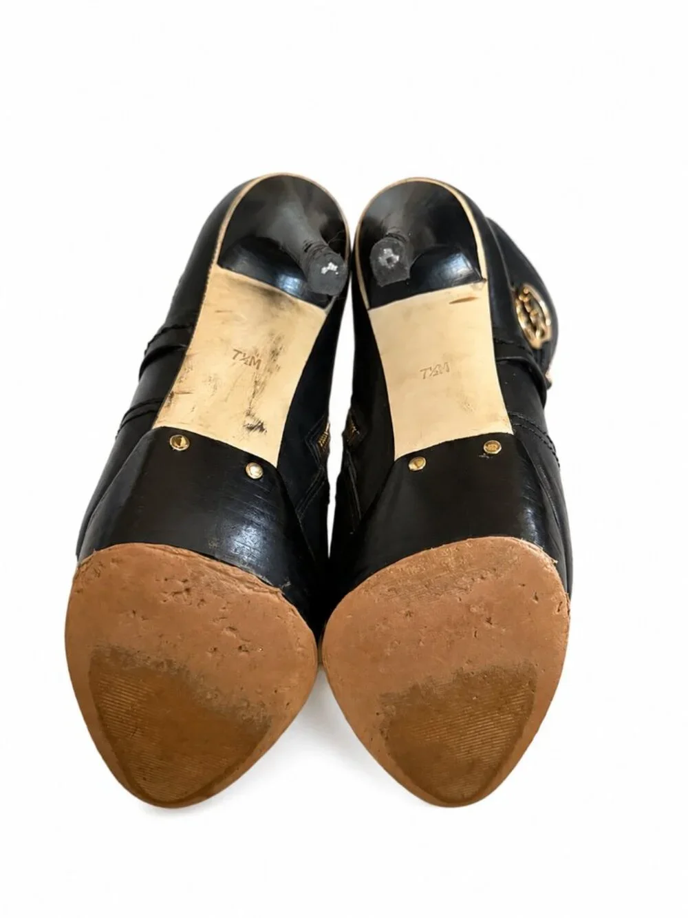 Michael Kors Black Leather Platform Stiletto Boots Gold Logo 7.5
